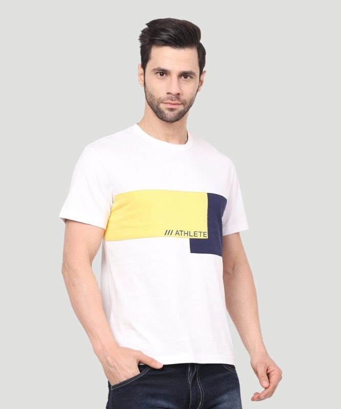 Men's White Colourblock Half Sleeves Regular Fit T-Shirt